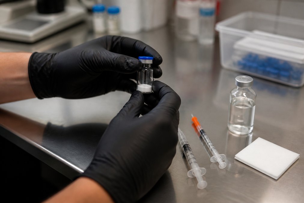 Researcher's hands carefully handling a lyophilized peptide vial in a laboratory setting, with bacteriostatic water, syringes, and alcohol swabs arranged on a clean work surface under bright laboratory lighting