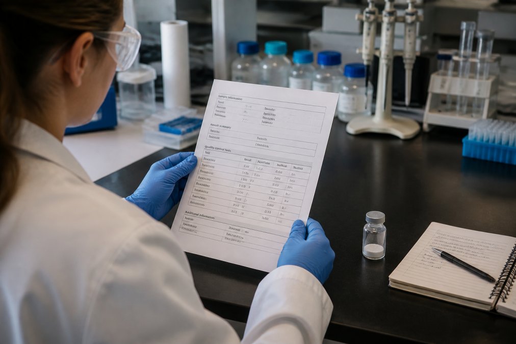 Researcher reviewing a printed Certificate of Analysis document at a laboratory bench, with a peptide vial and research notebook nearby for reference, under focused task lighting