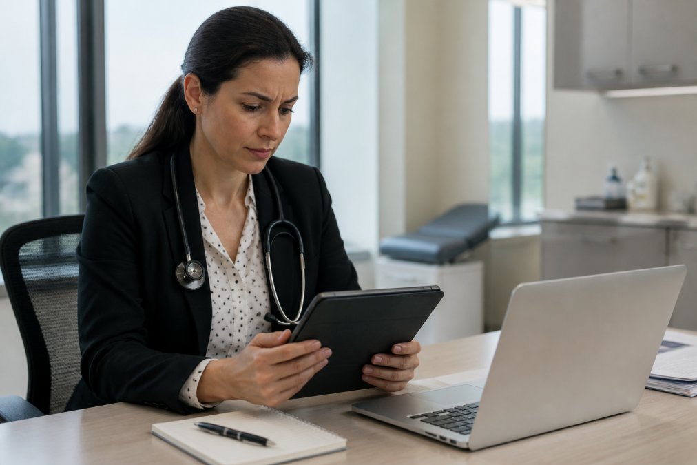 A healthcare compliance officer reviewing a HIPAA risk assessment checklist on a tablet in a modern medical office, with a laptop and notepad nearby