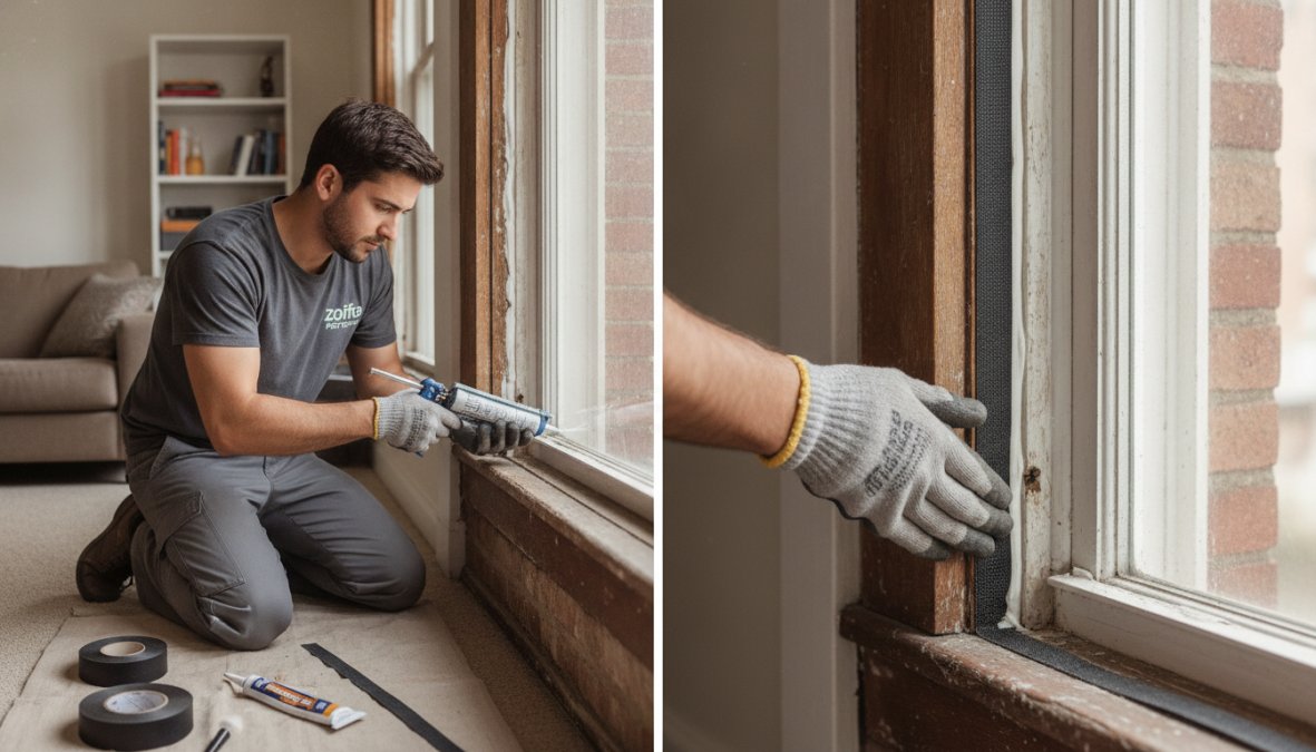 Maintenance worker's hands applying weatherstripping and caulk around a window frame and apartment door, showing proper sealing technique with sealant gun, modern apartment interior lighting