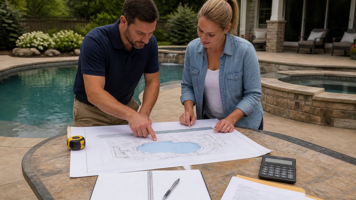 Contractor and homeowner reviewing site plans and blueprints for backyard pool and spa addition project at the property, examining the existing pool area with measuring tape and site layout drawings