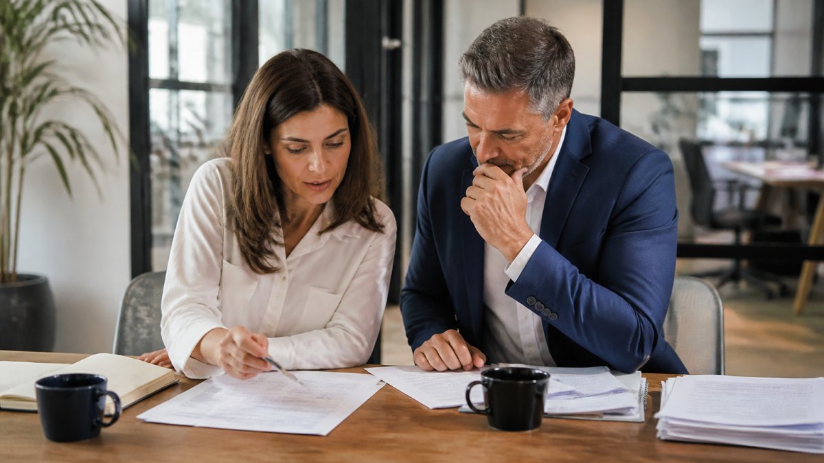 Business owner and accountant reviewing financial reports and balance sheets on laptop at desk with coffee and documents, natural office lighting