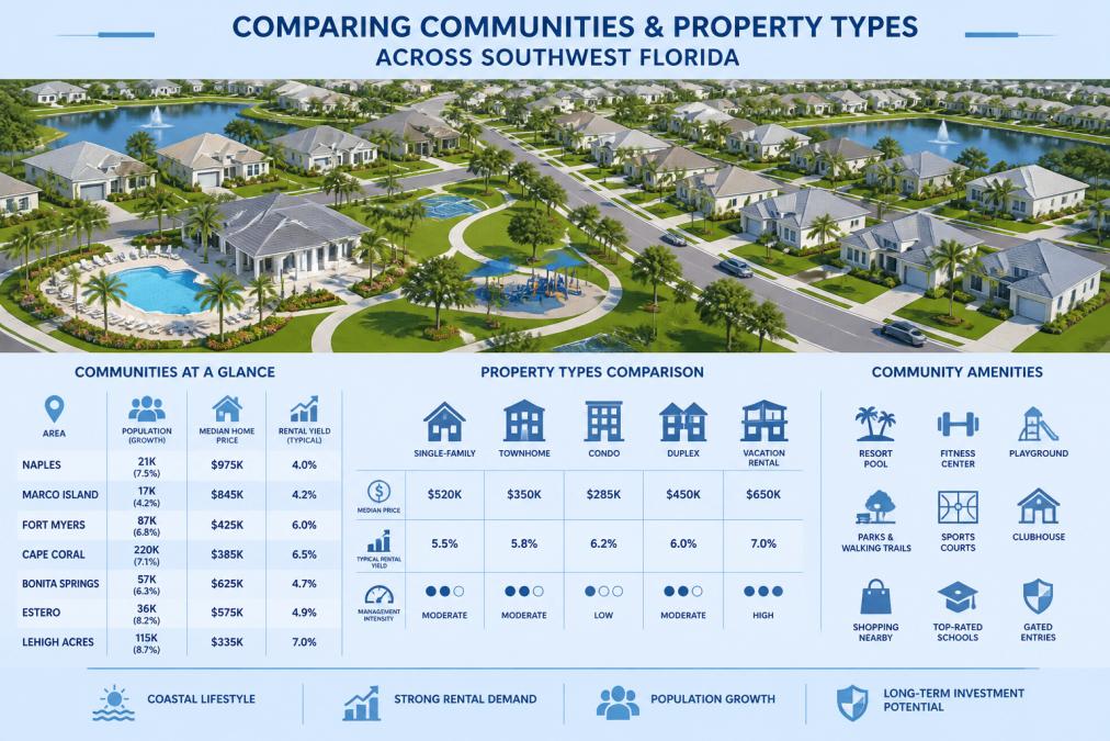 Infographic comparing residential investment property southwest in Florida across new community types