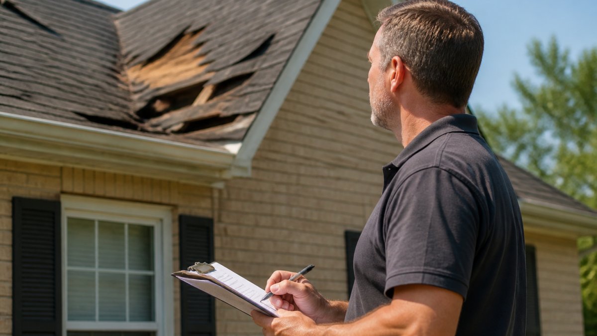 Homeowner with a clipboard assessing roof damage to prepare roof replacement quotes in the morning sun