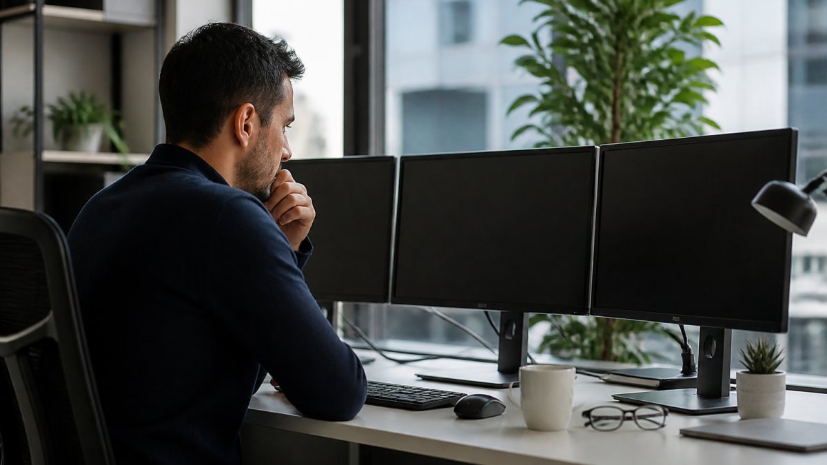 IT professional monitoring IT performance and security dashboards on three screens at a modern office desk.