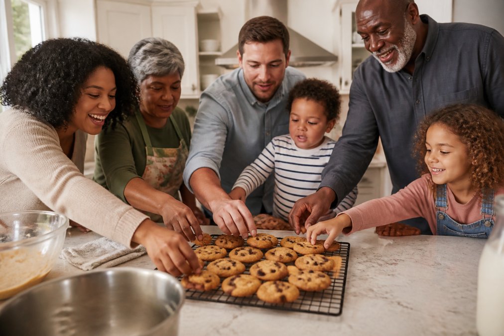 Diverse family reaching for golden brown cookies on a wire rack in a sunlit kitchen