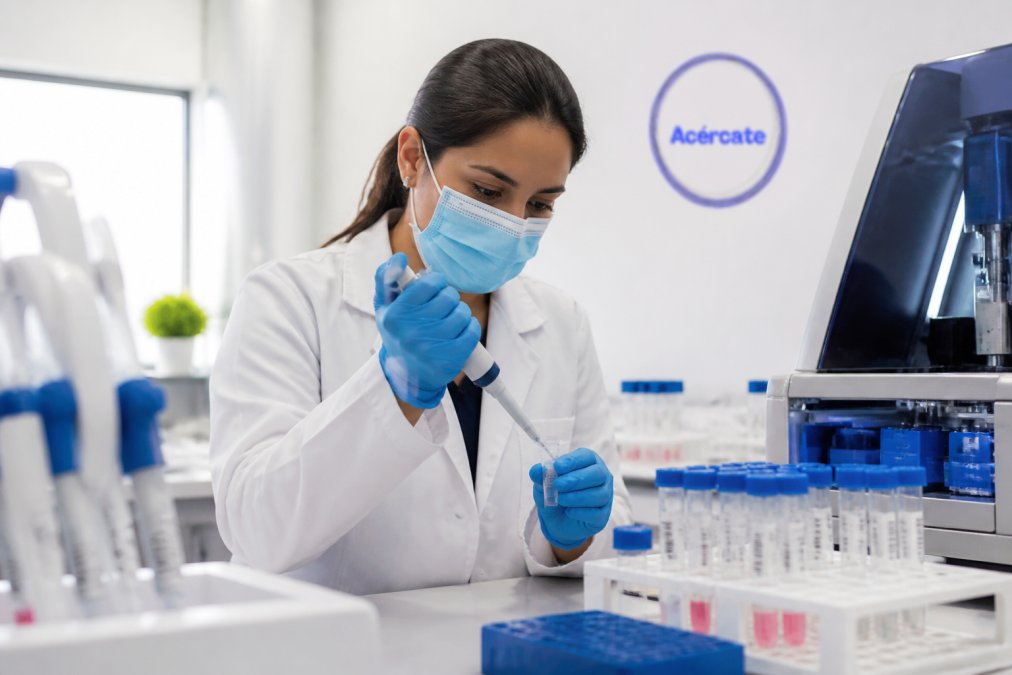 Profesional de laboratorio preparando muestras para análisis molecular PCR, con equipo de diagnóstico y tubos de muestra etiquetados en un entorno clínico limpio e iluminado