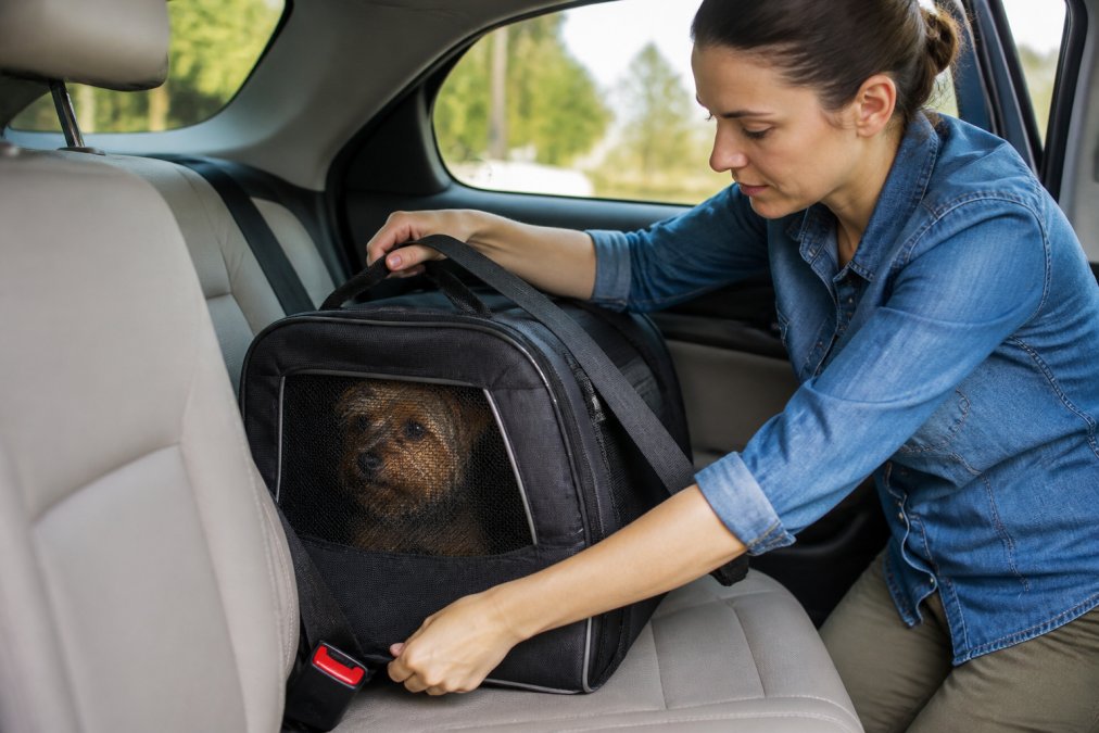 A person securing a soft-sided pet carrier with a car seatbelt while a small dog looks out from inside.