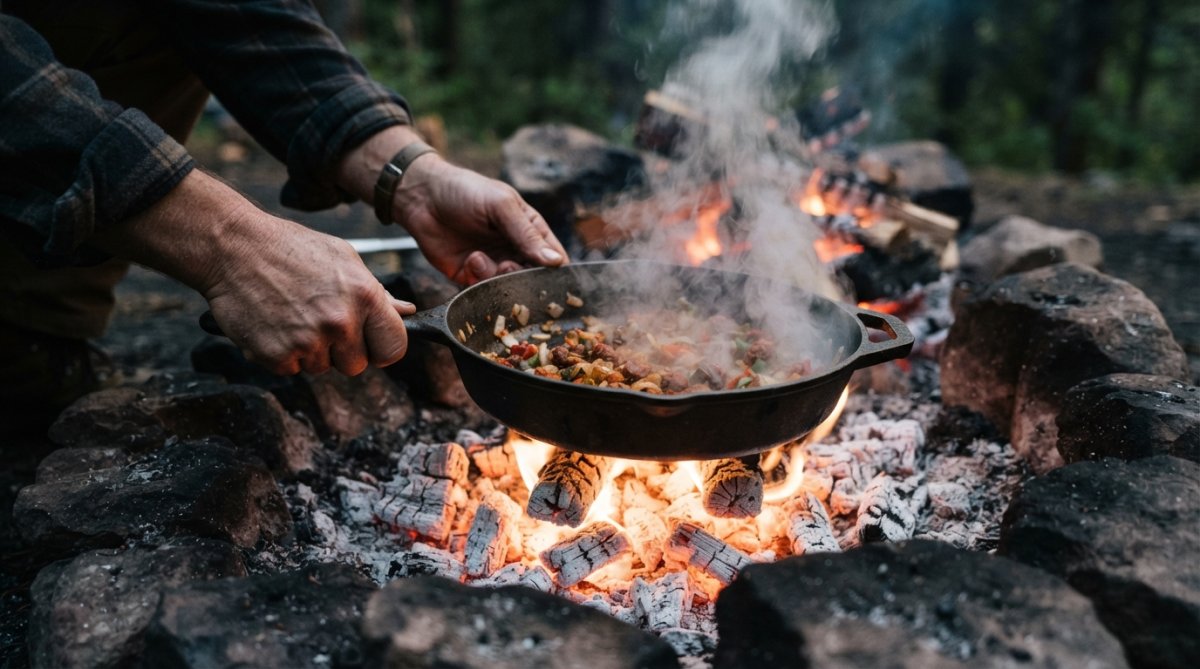 Close-up of hands adjusting a cast iron skillet over glowing white coals, showing proper positioning and heat management with visible steam rising
