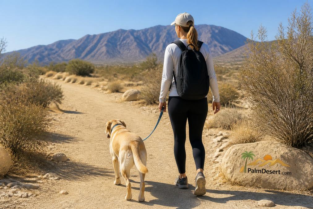 Hiker walking a leashed Labrador on a desert trail perfect for dog friendly hiking with mountain views.