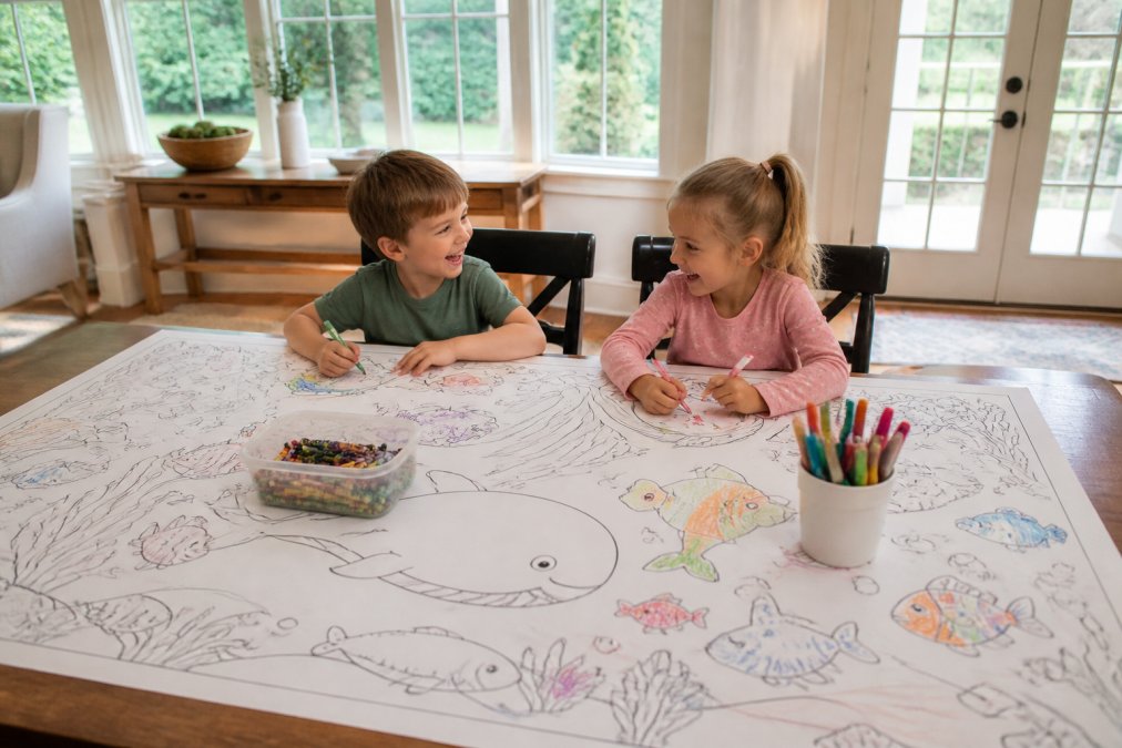 Two preschoolers coloring together on a large paper sheet at a home dining table