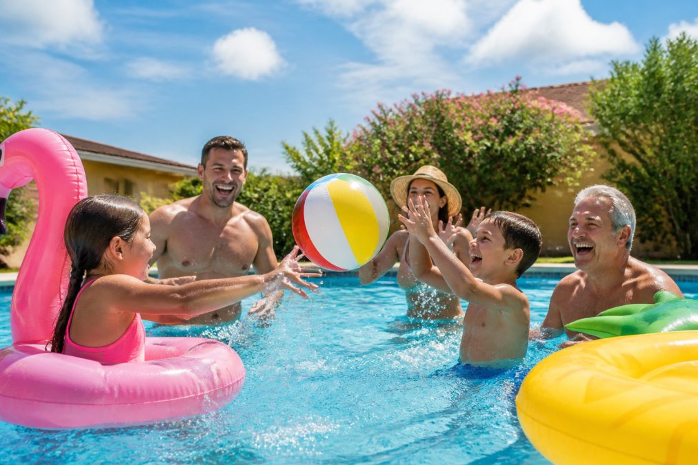 Diverse family of adults and children laughing together in a sunny backyard pool, splashing while playing with colorful inflatable games, clear blue water and bright sky in background