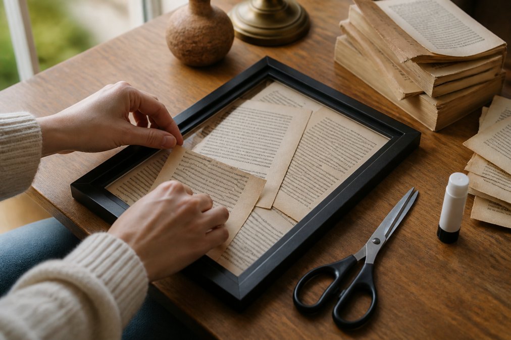 Hands arranging aged book pages in a frame to create DIY literary wall art on a wooden desk.