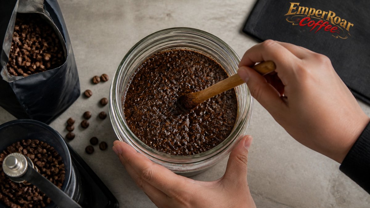A wooden spoon stirs coarse coffee grounds and cold water inside a glass jar on a kitchen counter.
