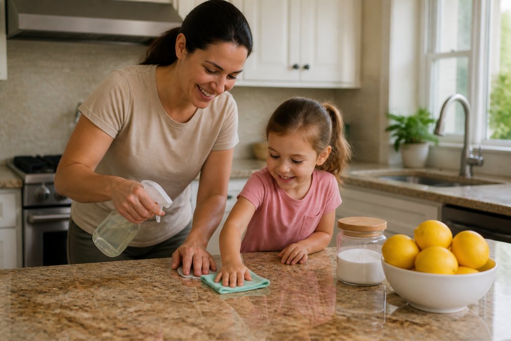 A parent and young child cleaning a kitchen counter together using a spray bottle and reusable cloth, with a bowl of lemons and a box of baking soda visible on the counter, warm natural kitchen lighting