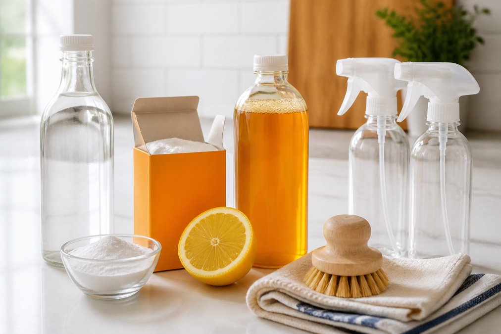 Flat-lay of eco-friendly cleaning ingredients on a white kitchen counter: a bottle of distilled white vinegar, an open box of baking soda, a halved lemon, a bottle of castile soap, and small glass spray bottles arranged neatly, bright natural overhead lighting