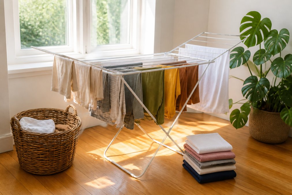 Family clothes hanging on an indoor drying rack positioned near a bright sunny window, with folded items and a wicker basket nearby on hardwood flooring