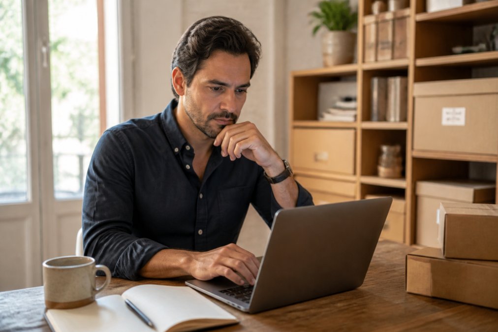 Small business owner reviewing sales funnel analytics on a laptop screen, sitting at a desk with a notebook and coffee, looking focused and engaged