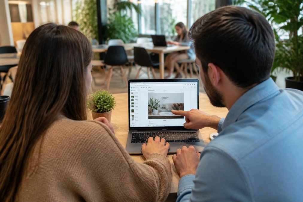Two colleagues collaborating on a laptop showing a drag-and-drop website builder interface, in a bright modern co-working space with plants in the background