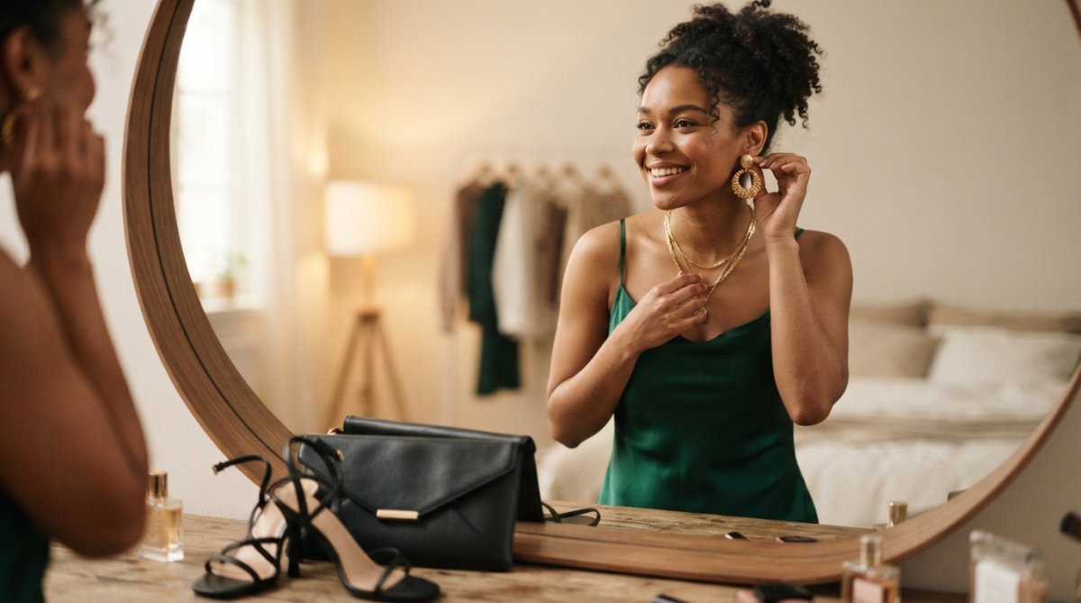 Woman adjusting gold earrings and layered necklaces to style her birthday dinner outfits in front of a mirror.