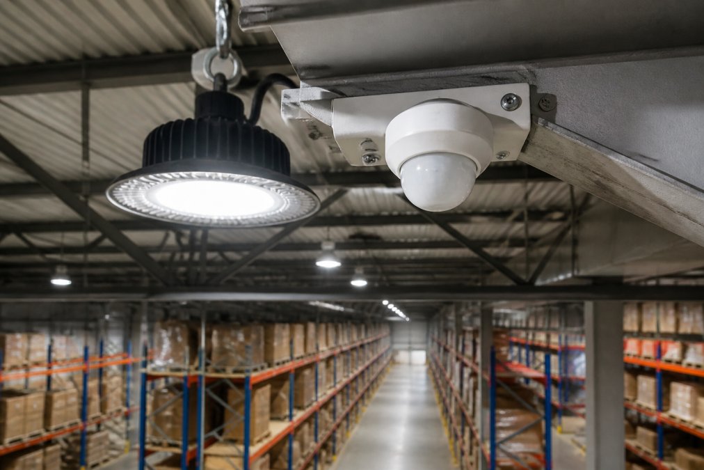 Close-up of a white occupancy sensor mounted on a warehouse ceiling beam next to an LED high bay fixture, with a long empty storage aisle visible below under bright overhead light