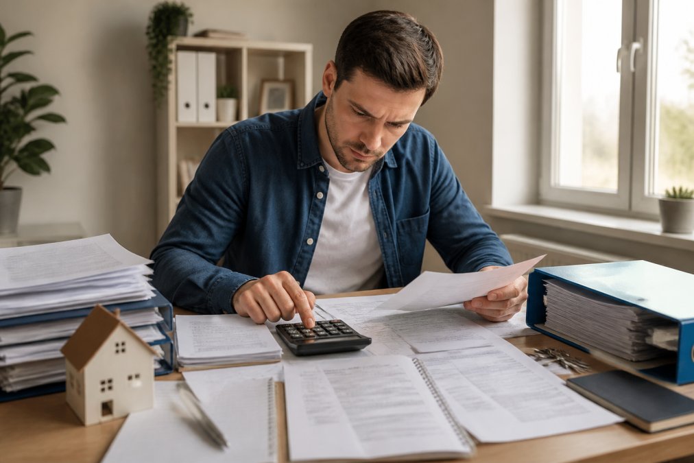 Un primo-accédant consultant des documents financiers avec une calculatrice à son bureau, entouré de dossiers immobiliers, de relevés bancaires et de devis notariaux sous un éclairage naturel