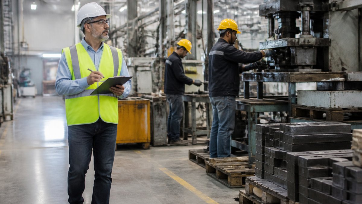 A safety manager in a hard hat and safety vest walking a manufacturing floor with a clipboard, inspecting equipment and noting hazards while workers operate machinery in the background