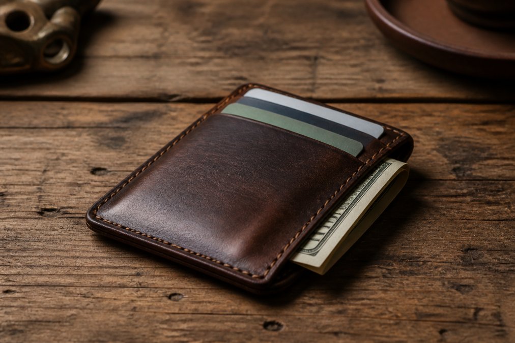 A close-up shot of a handcrafted leather minimalist wallet resting on a weathered wooden table, with a few cards and folded cash partially visible, warm natural lighting highlighting the leather grain