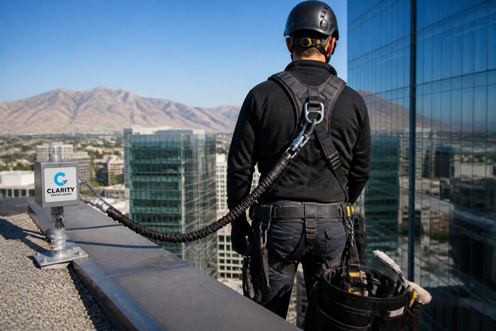 Professional window cleaner wearing complete personal fall arrest system with full-body harness, dorsal D-ring attachment, and shock-absorbing lanyard, secured to rooftop anchorage point on high-rise building exterior during daylight