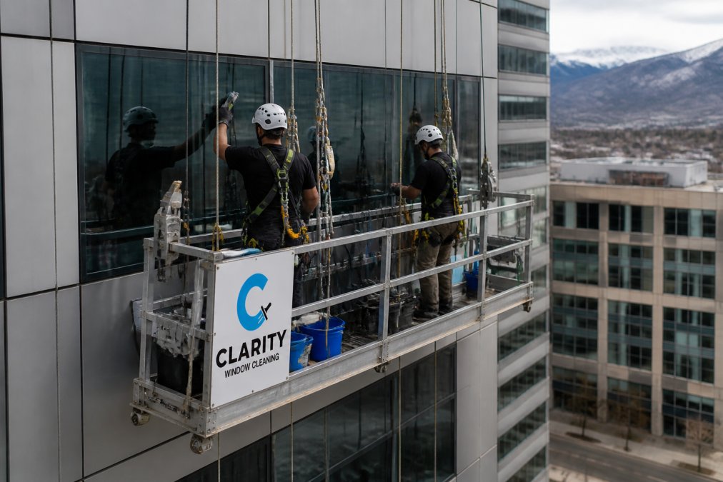Commercial window cleaning team working from suspended platform with multiple vertical lifelines visible, safety rigging and carabiners secured to building facade, multi-story office building in background