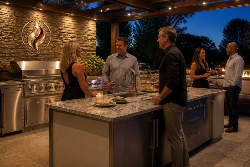 Luxury outdoor kitchen in evening use during gathering, showing guests interacting around granite-topped island with integrated grill, stainless steel refrigerator visible, soft ambient lighting overhead, and professional-grade appliances gleaming