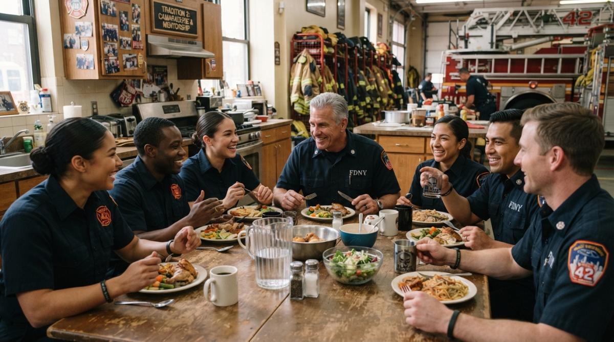 A diverse group of firefighters gathered around a firehouse kitchen table sharing a meal, laughing and talking together during a shift
