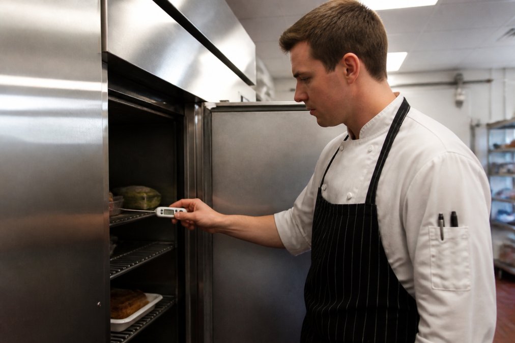 Professional demonstrating HACCP temperature monitoring with digital thermometer on commercial refrigeration equipment in professional kitchen with natural lighting