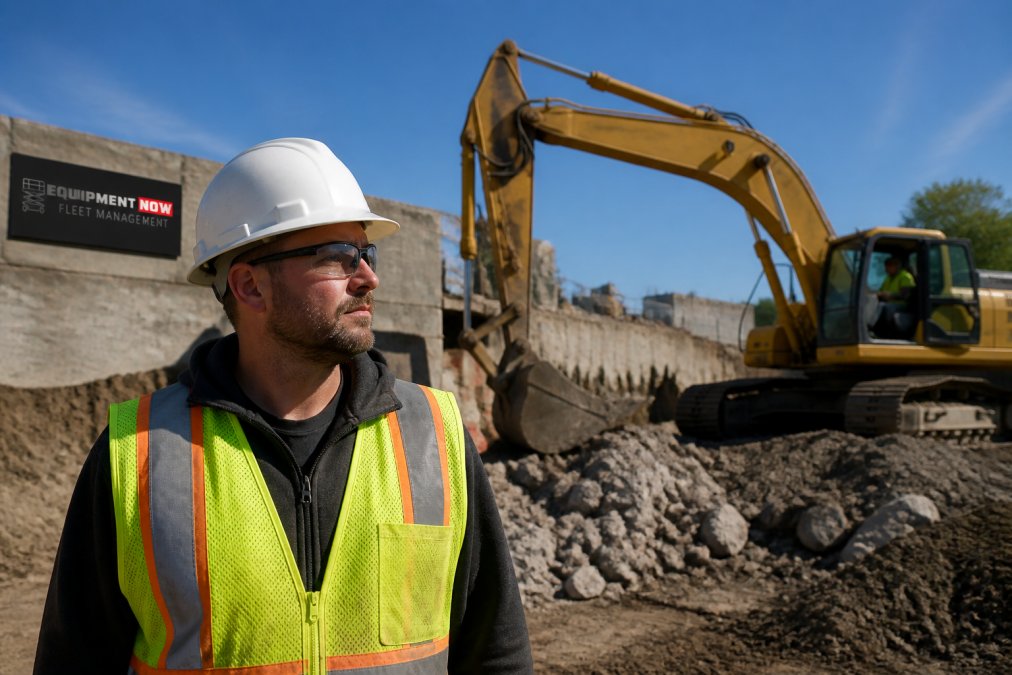 A construction worker on a heavy machinery jobsite wearing a hard hat, safety glasses, and high-visibility vest, with an excavator visible in the background