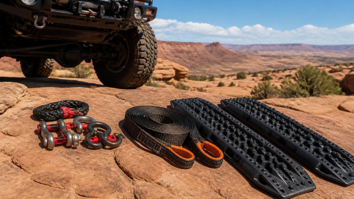 Tow straps, D-rings, and recovery boards arranged on red Moab rock near a lifted 4x4 vehicle.