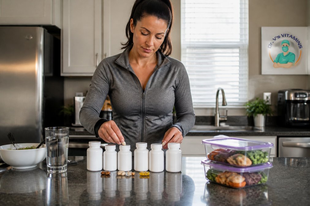 Person organizing daily supplements for GLP-1 users next to a glass of water and meal prep containers on a kitchen counter.