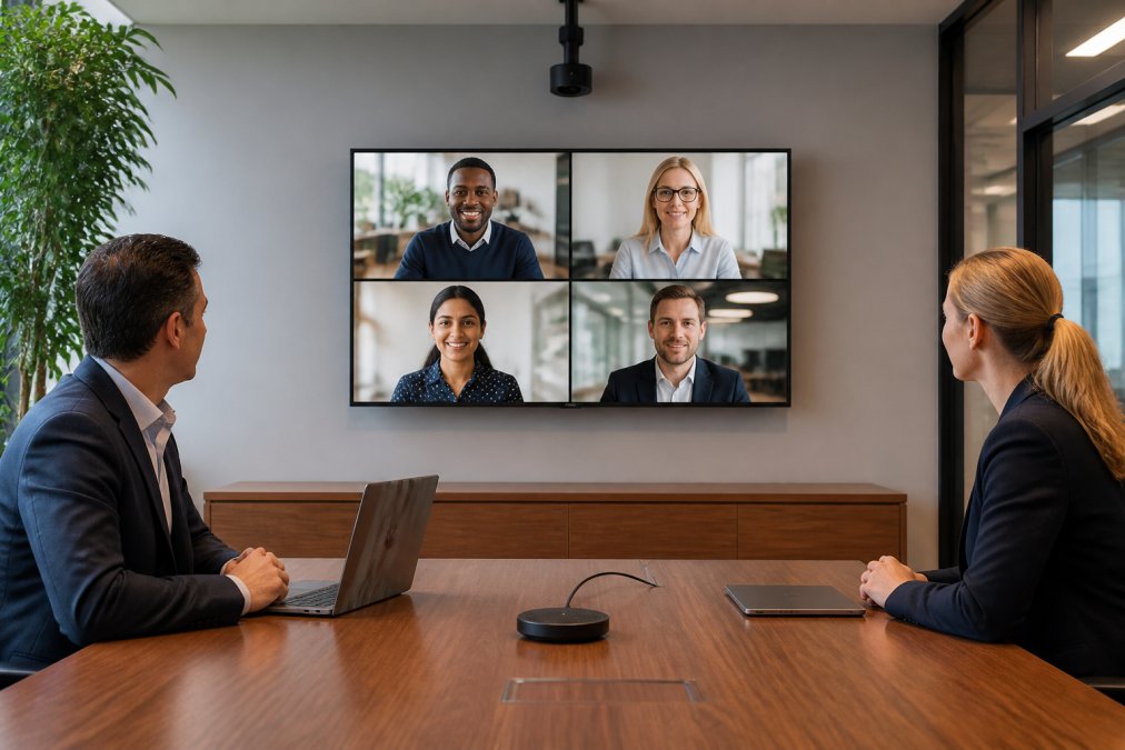 Diagram showing optimal camera and display placement for hybrid conference technology setups in meeting rooms