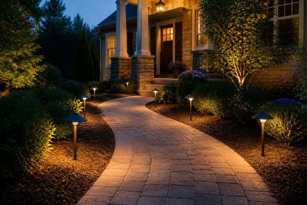 Residential pathway at dusk with evenly spaced low-voltage pathway lights illuminating a curved walkway leading to a home entrance, showing proper fixture spacing and placement