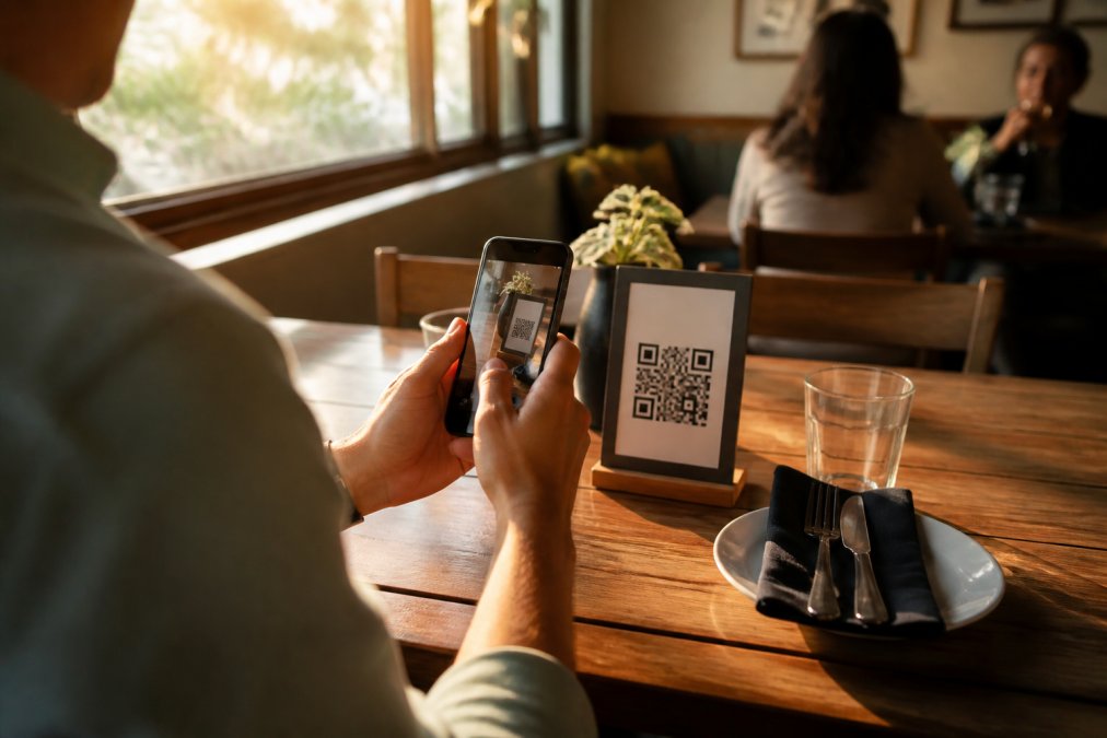 Un cliente escaneando un código QR en la mesa de un restaurante pequeño con su teléfono móvil, mostrando el menú digital en pantalla, ambiente acogedor y moderno con luz cálida de tarde