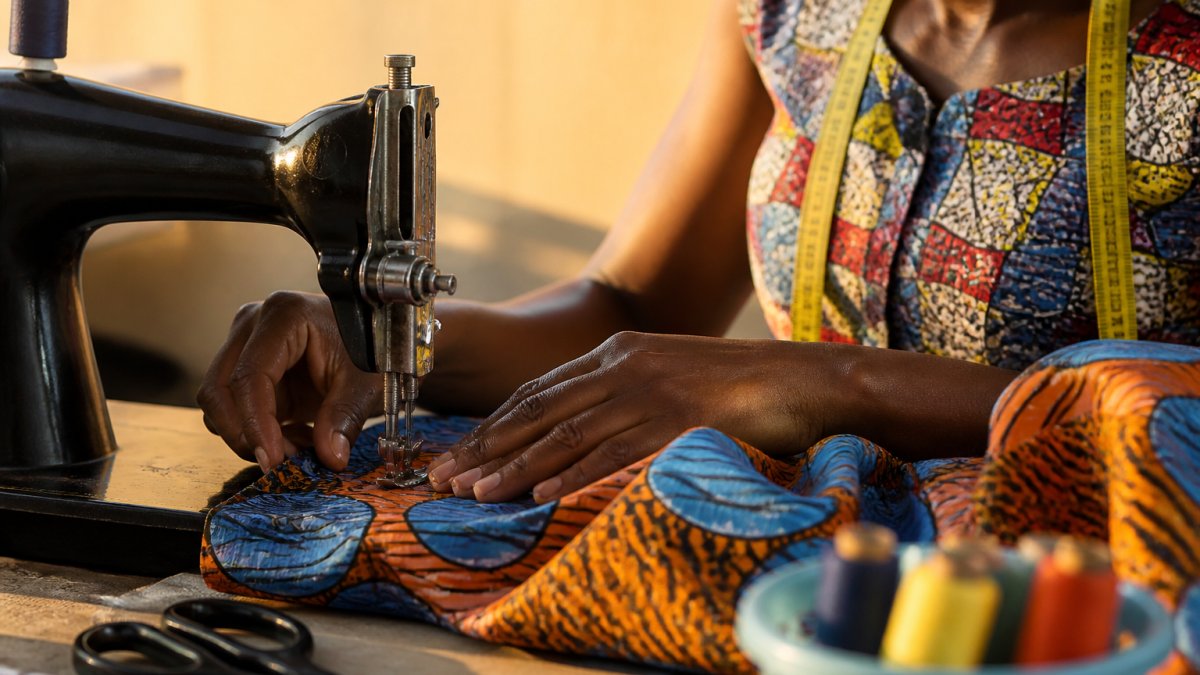 Woman wearing a vibrant blue and orange African-print strapless dress with flared skirt at an outdoor garden wedding, showcasing bold colors and artisanal handcrafted details
