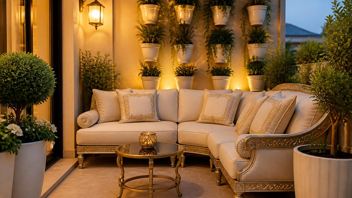 Elegante kleine Terrasse mit modularen Loungemöbeln im Barock-Stil, cremefarbenen Outdoor-Kissen mit Goldakzenten, vertikalen Pflanzkübeln aus Keramik und warmem Abendlicht von LED-Leuchten