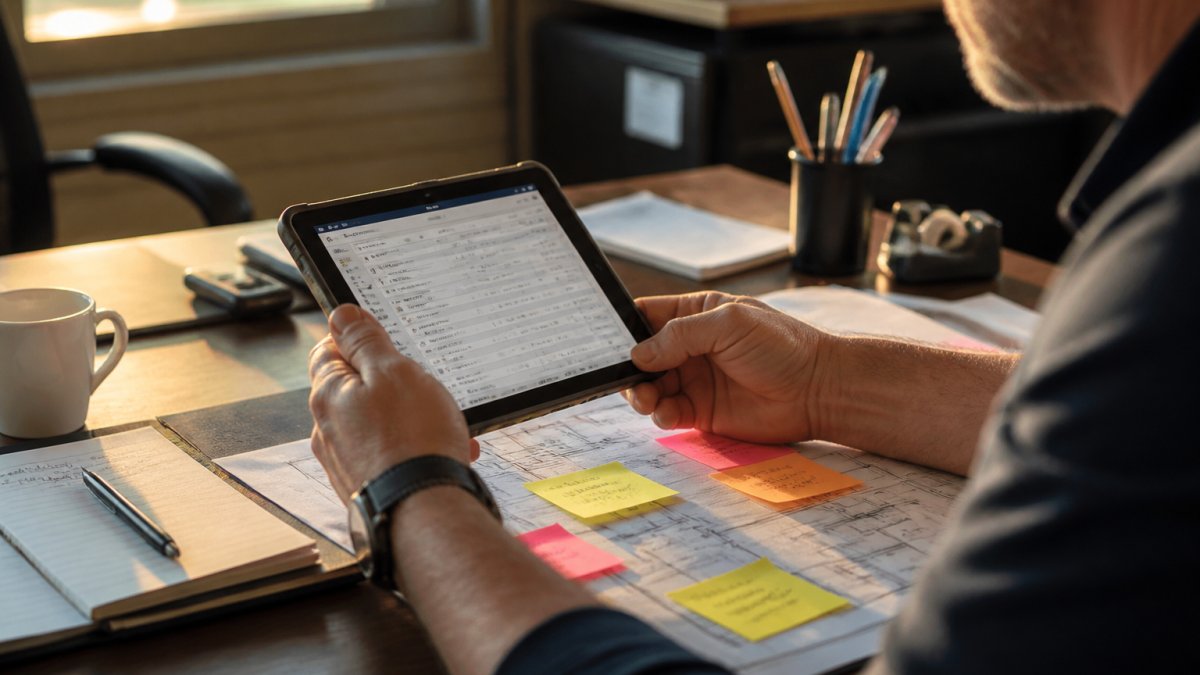 Regional manager reviewing facility maintenance metrics on a tablet in a modern office with floor plans.