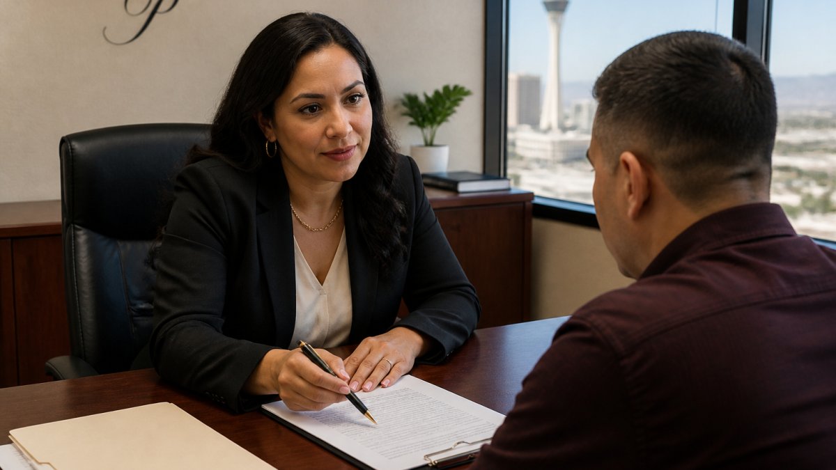 Legal advisor reviewing documents with a client to discuss power of attorney cost in a modern Las Vegas office.
