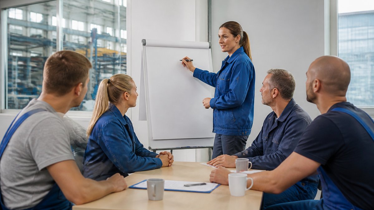 Beschäftigte und Führungskraft erarbeiten gemeinsam die Gefährdungsbeurteilung psychischer Belastungen am Flipchart.