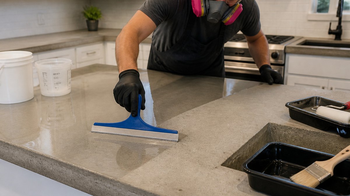 Professional applying food-safe epoxy countertops with a squeegee on a prepped concrete surface while wearing gloves