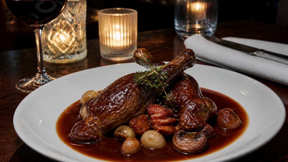 Elegantly plated Coq au Vin with rich burgundy sauce, pearl onions, and mushrooms on a white plate, candlelit table with wine glass in soft background