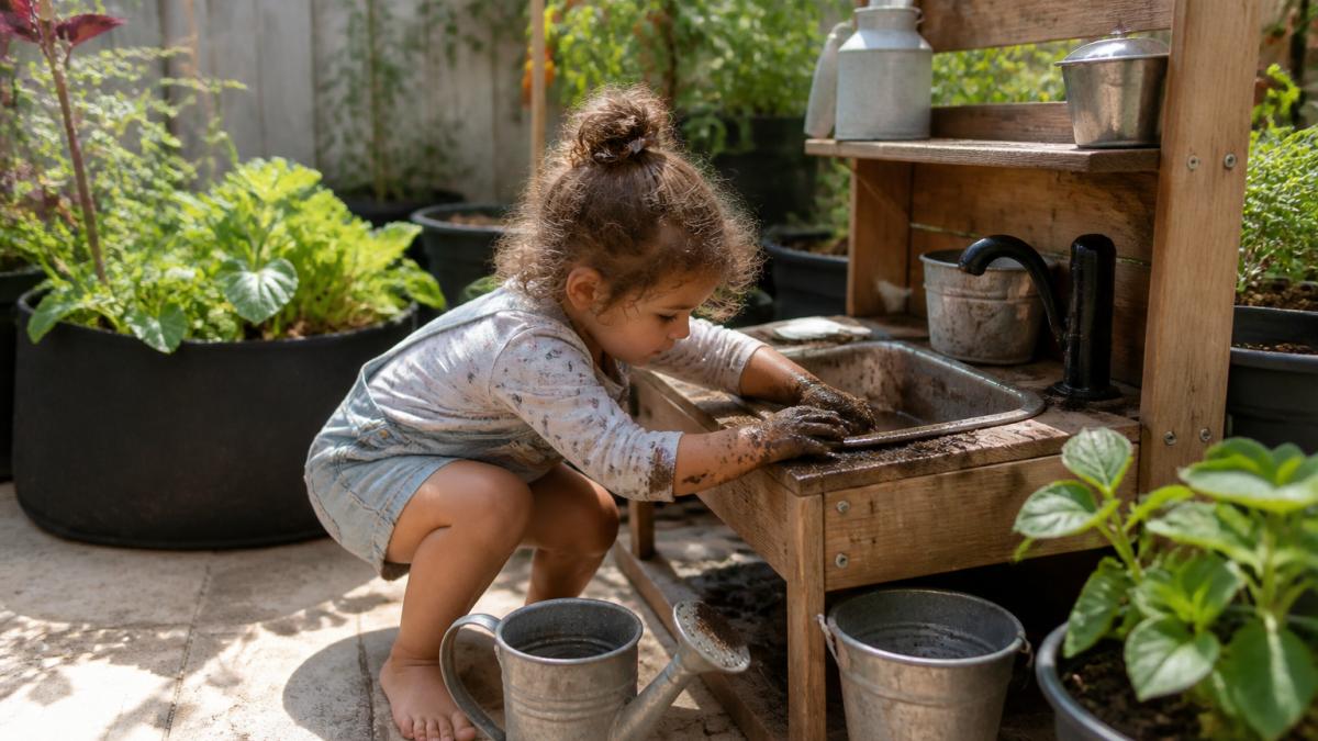 A toddler crouched down playing with soil and water in a small wooden mud kitchen setup on a sunny patio, with metal containers, a small watering can, and gardening tools within reach