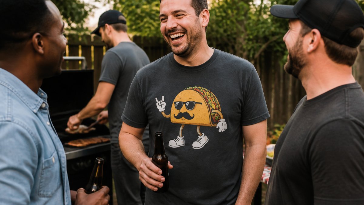A man in his 30s wearing a graphic pun t-shirt, laughing with friends at a casual outdoor barbecue, natural daylight, candid moment