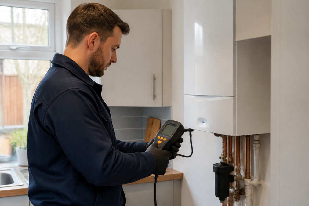 A professional engineer in navy workwear holding a digital gas analyser tool beside a modern white combi boiler in a tidy domestic kitchen, natural daylight from a window