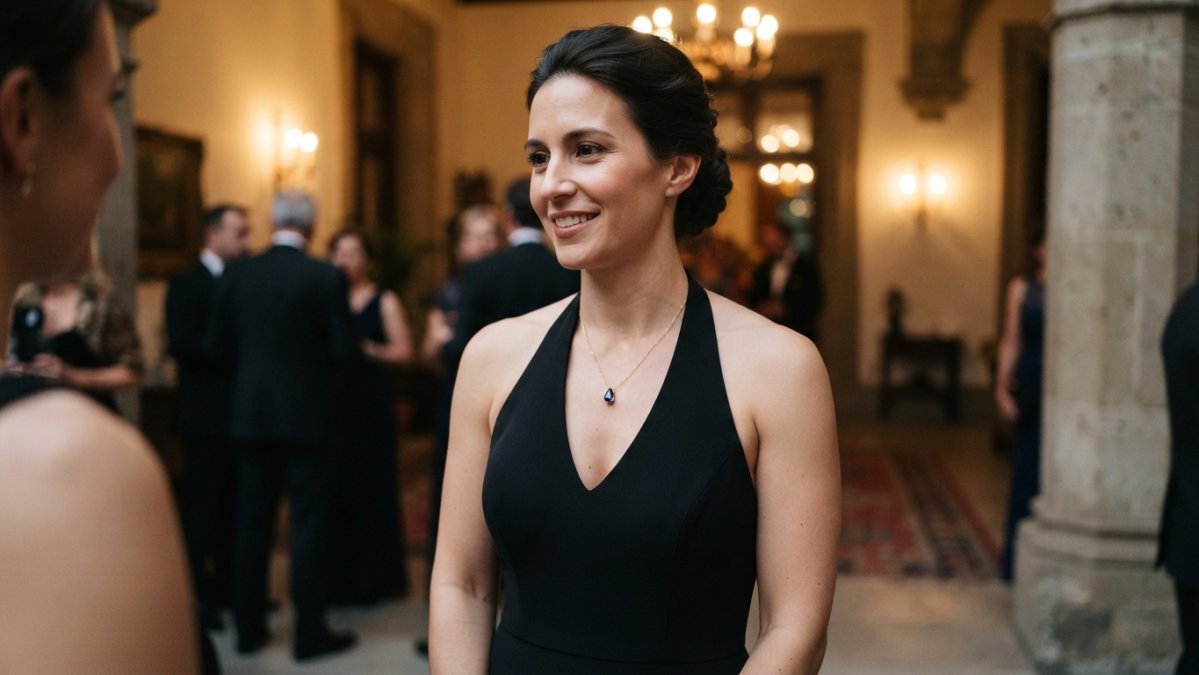Woman wearing elegant formal black gown with halter neckline, displaying a delicate gemstone pendant necklace resting gracefully against collarbone and shoulders in soft evening lighting